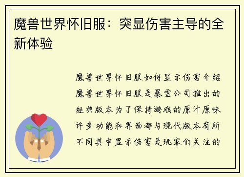 魔兽世界怀旧服：突显伤害主导的全新体验